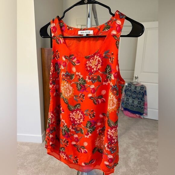 24-💼Rose + Olive Layered Floral Tank. Fully Lined. Orange - Picture 4 of 7